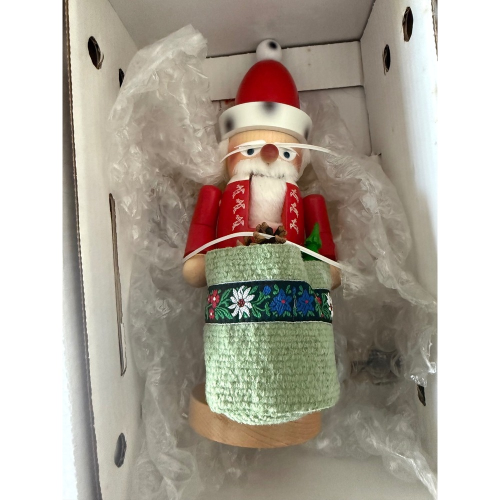 Steinbach German Wooden Nutcracker Santa with Green Gift Bag Handmade 12.5"
